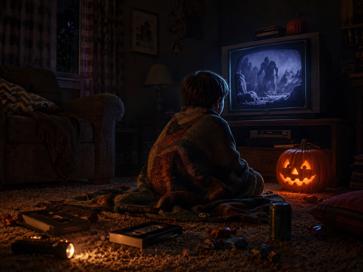 A child wrapped in a blanket watching a vintage monster movie beside a glowing jack-o'-lantern