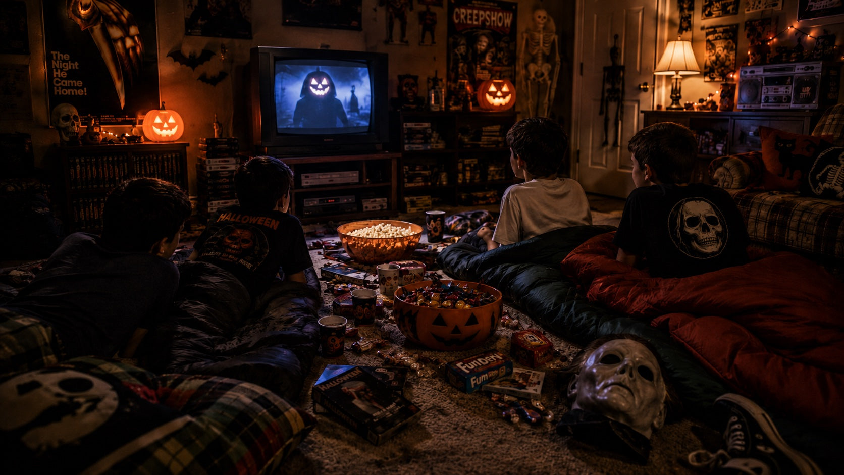 Kids staying up late to watch a Halloween movie in a decorated living room